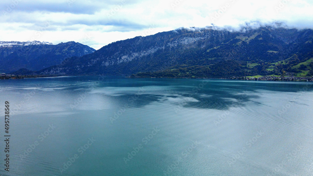 Beautiful Lake Thun in Switzerland - aerial drone footage
