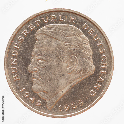 Germany - circa 1990: a 2 DM coin of Germany showing the portrait of the politician and Prime Minister of Bavaria Franz Josef Strauss on the anniversary of his death photo