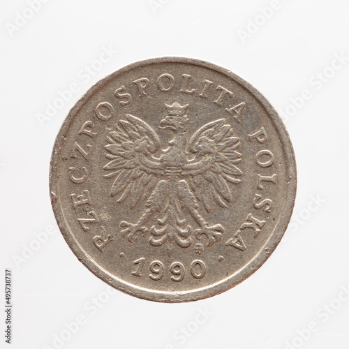 Poland - circa 1990: a 20 groszy coin of Poland with the coat of arms eagle of Poland