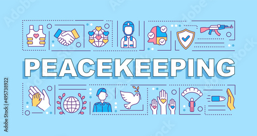 Peacekeeping word concepts blue banner. Military intervention. Peace enforcement. Infographics with icons on color background. Isolated typography. Vector illustration with text. Arial-Black font used