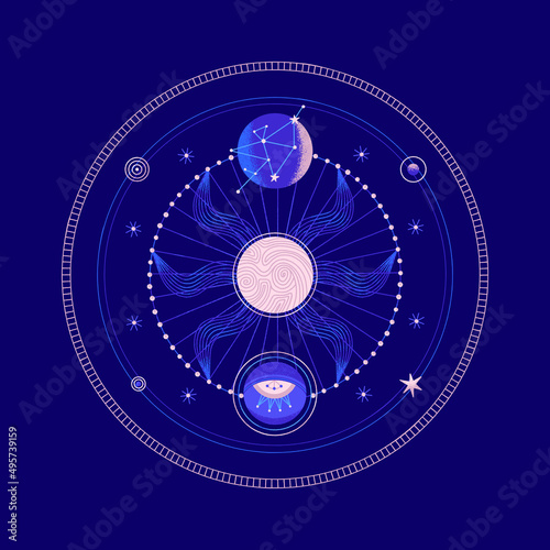 Mysterious space round composition with planets and stars. Vector illustration on theme of astrology, astronomy, esotericism. Cosmic art. Celestial bodies. Cover, card, print on clothes, poster