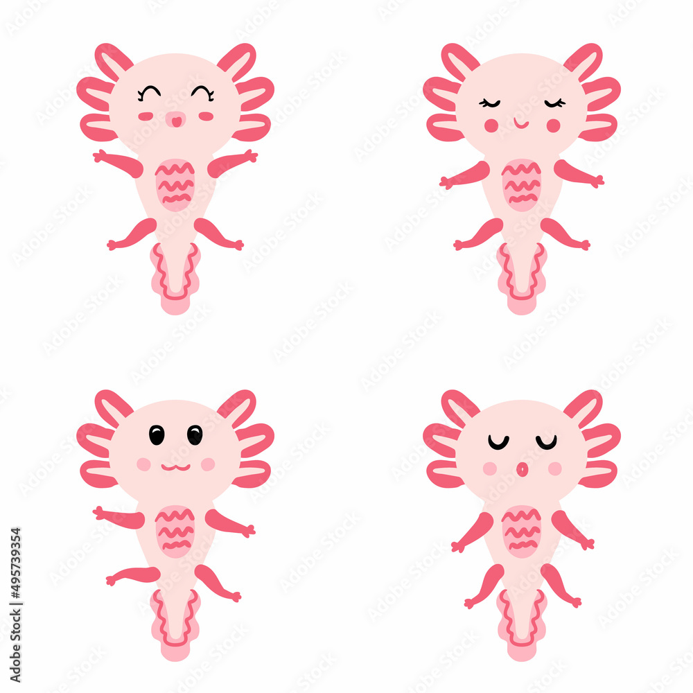 Hand drawn axolotls collection. Set of cute salamander baby. Perfect for posters, stickers, textile and prints. Cartoon vector illustration for decor and design. Hand drawn axolotls collection. Set of cute salamander baby. Perfect for posters, stickers, textile and prints. Cartoon vector illustration for decor and design.