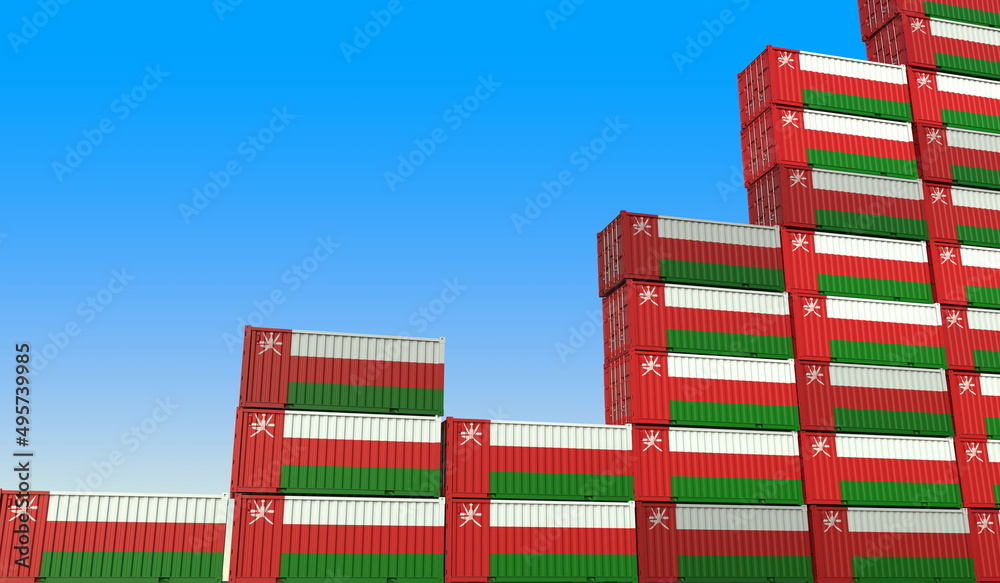 Flags of Oman on cargo containers making a rising graph. Industrial growth related 3D rendering