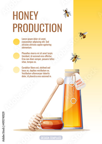 Flyer design, advertising banner with honey products. Honey shop, healthy and sweet products. Vector illustration of poster in a4 size for flyer, banner, postcard, poster, etc.