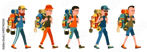 Cartoon hiker with backpack set. Men tourists with different backpacks. Vector isolated image.