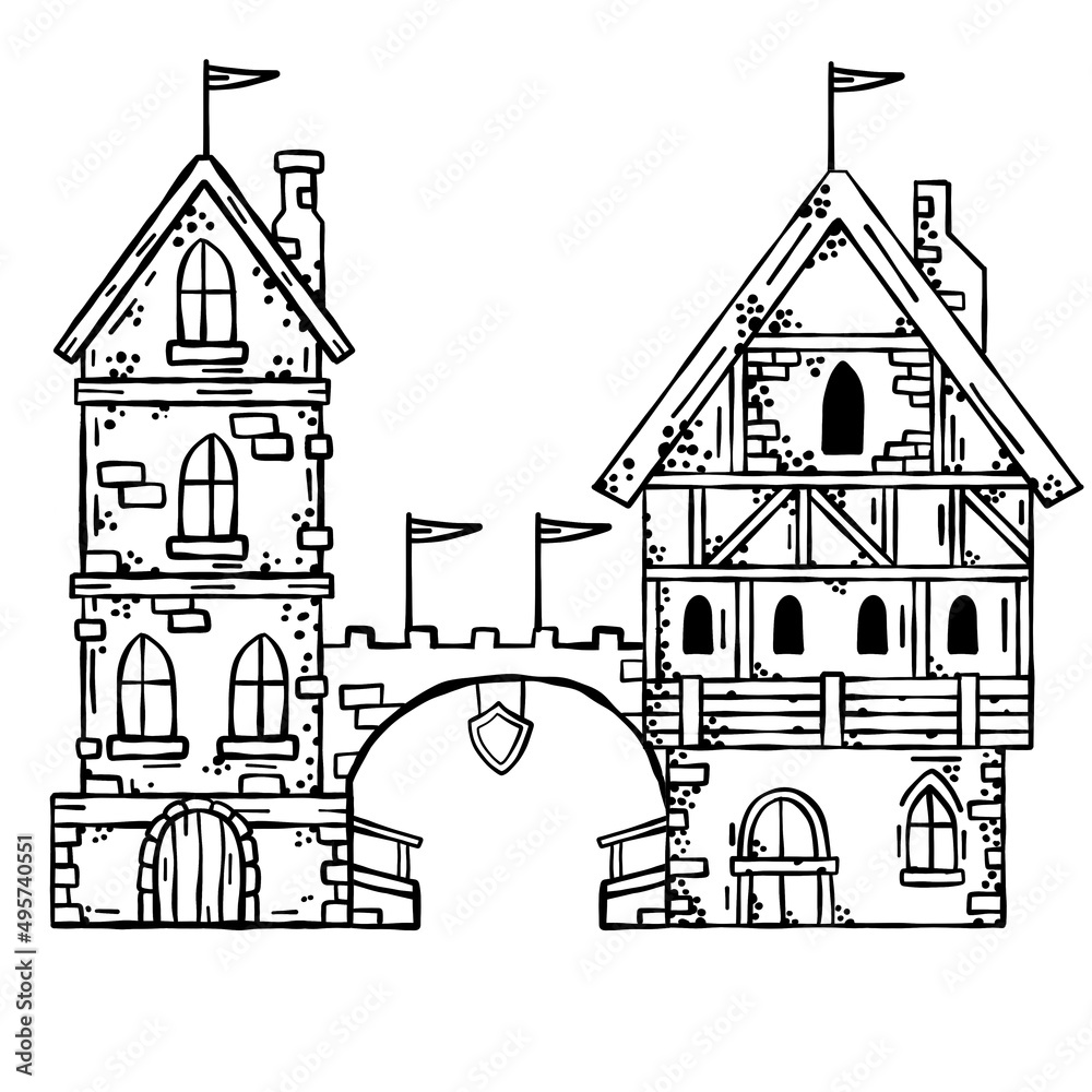 Old medieval town with gate and bridge. European cartoon city. Fairy tale fortress. Wooden German houses and street.