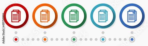 Document, file, copy concept vector icon set, flat design colorful buttons, infographic template in 5 color options