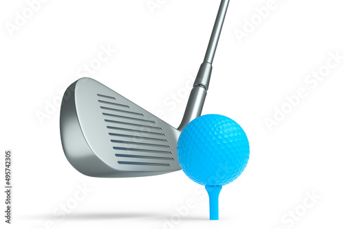 Sport equipment golf club and ball isolated on white background.