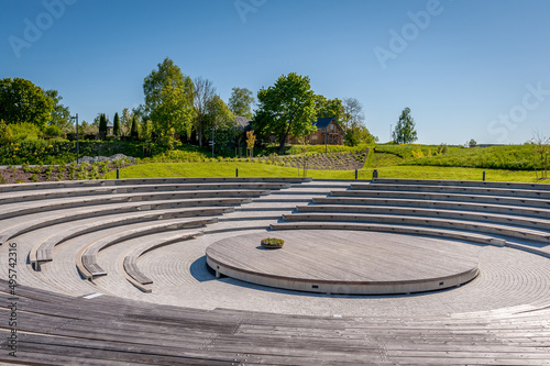 Panoramic view of the round open stage for a performance in the park.Vallimagi Open Air Centre, Rakvere. Estonia.