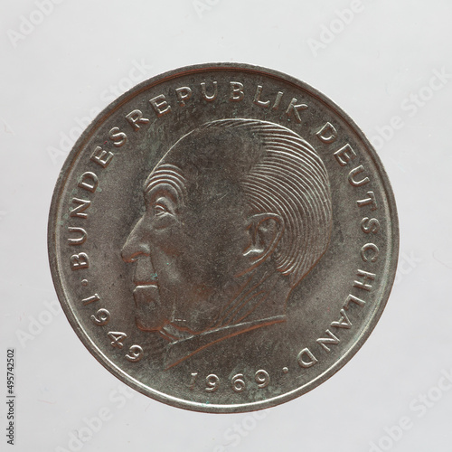 Wallpaper Mural Germany - circa 1969: a 2 Deutsche Mark coin of the Federal Republic of Germany showing a portrait of the German politician and first Chancellor of the Federal Republic of Germany Konrad Adenauer Torontodigital.ca
