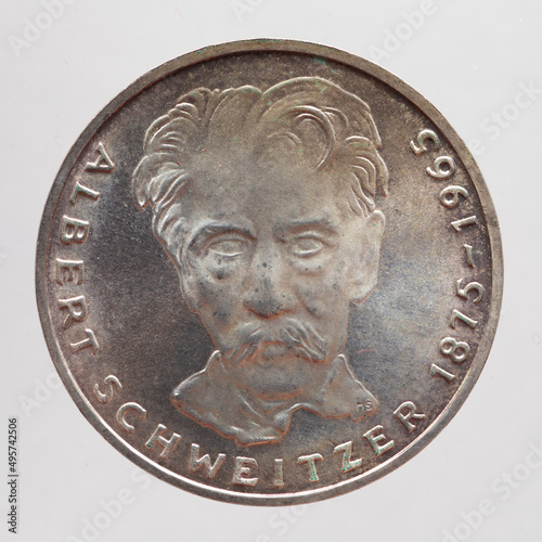 Germany - circa 1975: a 5 Deutsche Mark coin of the Federal Republic of Germany showing a portrait of the doctor, philosopher, evangelical theologian and organist Albert Schweitzer