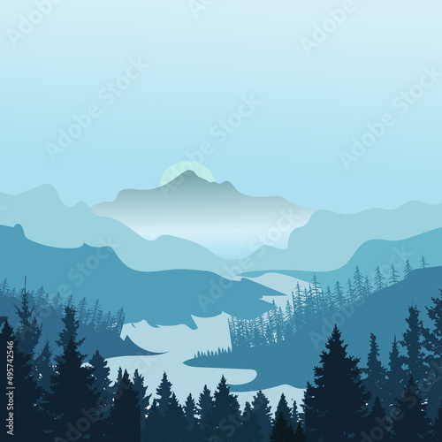 Mountains landscape stock illustration.Morning pine trees and mountains. The vector image is associated with the forest hiking background