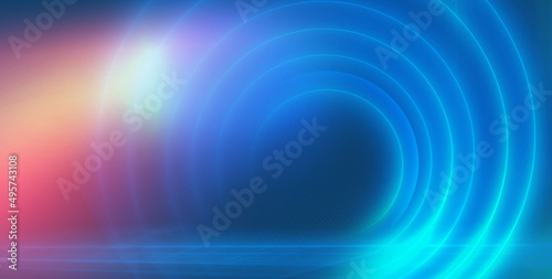 3D rendering of an abstract technology backdrop, expanding circles with glow effect photo