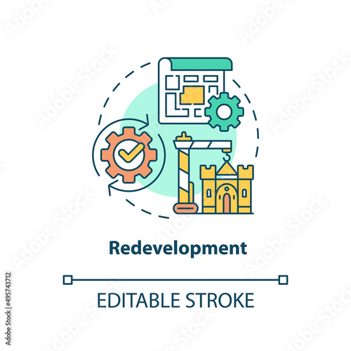 Redevelopment concept icon. Urban architecture. Cultural heritage preservation type abstract idea thin line illustration. Isolated outline drawing. Editable stroke. Arial, Myriad Pro-Bold fonts used