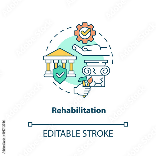 Rehabilitation concept icon. Restoration works. Cultural heritage preservation type abstract idea thin line illustration. Isolated outline drawing. Editable stroke. Arial, Myriad Pro-Bold fonts used
