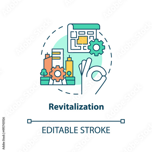Revitalization concept icon. Urban renovation. Heritage objects preservation type abstract idea thin line illustration. Isolated outline drawing. Editable stroke. Arial, Myriad Pro-Bold fonts used