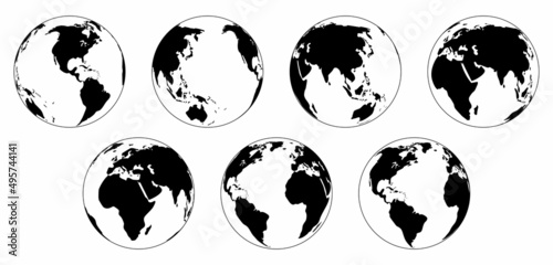 Earth globe signs collection with various positions. Set of different geographic views of the world in silhouettes