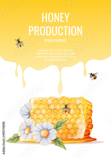 Flyer design, advertising banner with bee honeycomb. Honey shop, healthy and sweet products. Vector illustration of poster in a4 size for flyer, banner, postcard, poster, etc.