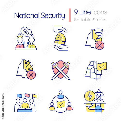 National security RGB color icons set. Freedom and safety defense. Isolated vector illustrations. Simple filled line drawings collection. Editable stroke. Quicksand-Light font used