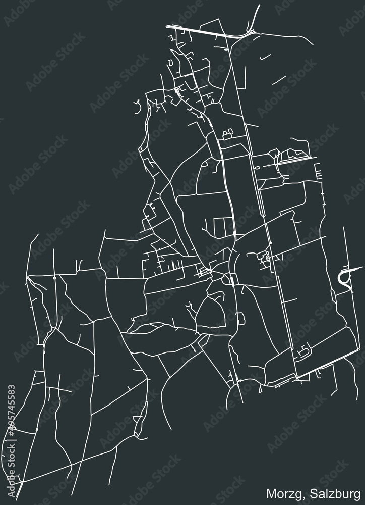 Detailed negative navigation white lines urban street roads map of the MORZG DISTRICT of the Austrian regional capital city of Salzburg, Austria on dark gray background