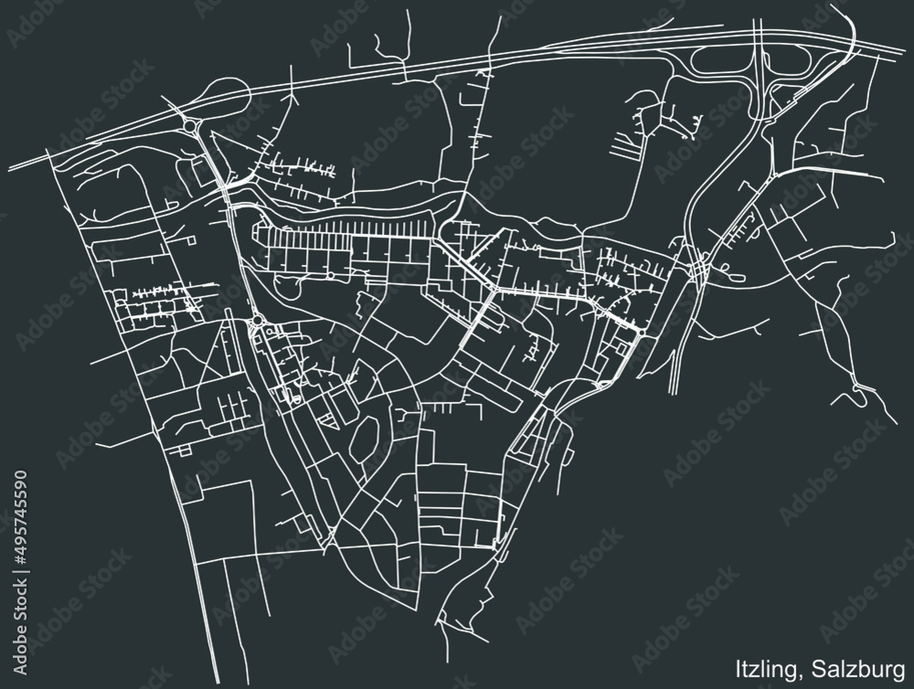 Detailed negative navigation white lines urban street roads map of the ITZLING DISTRICT of the Austrian regional capital city of Salzburg, Austria on dark gray background