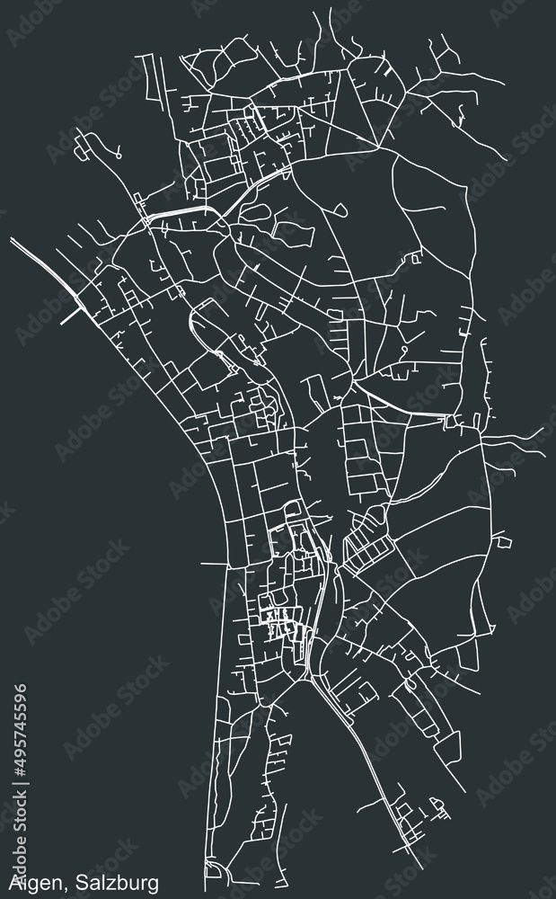 Detailed negative navigation white lines urban street roads map of the AIGEN DISTRICT of the Austrian regional capital city of Salzburg, Austria on dark gray background