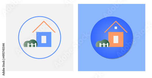 Two logos. A house with a roof and a fence. On a white and blue background.