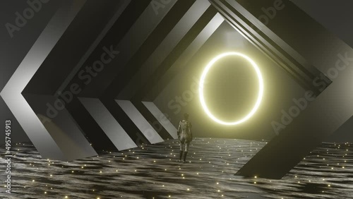 4K 3D animation. Woman standing in front of a big portal to another dimension, against a glowing universe of energy