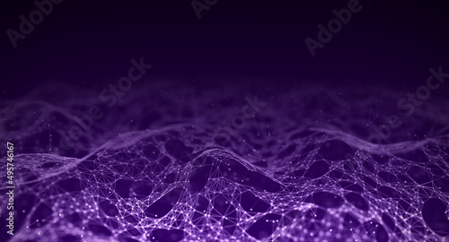 Low poly shape with connecting dots and lines on purple background. Abstract polygonal space, dark background with connecting dots and lines. 3d rendering. Big data visualization.