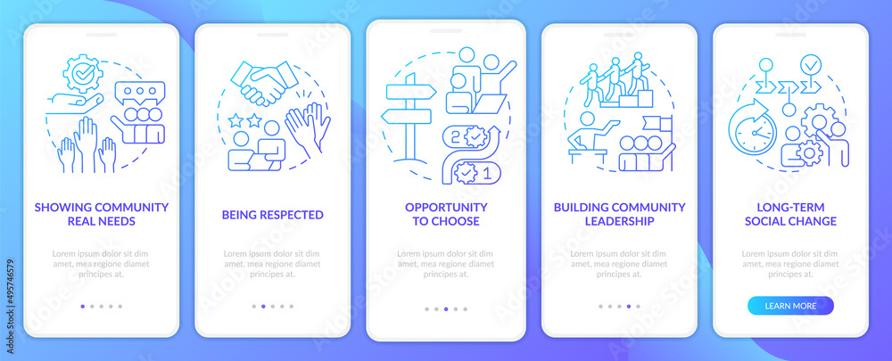 Reasons for participation blue gradient onboarding mobile app screen. Walkthrough 5 steps graphic instructions pages with linear concepts. UI, UX, GUI template. Myriad Pro-Bold, Regular fonts used