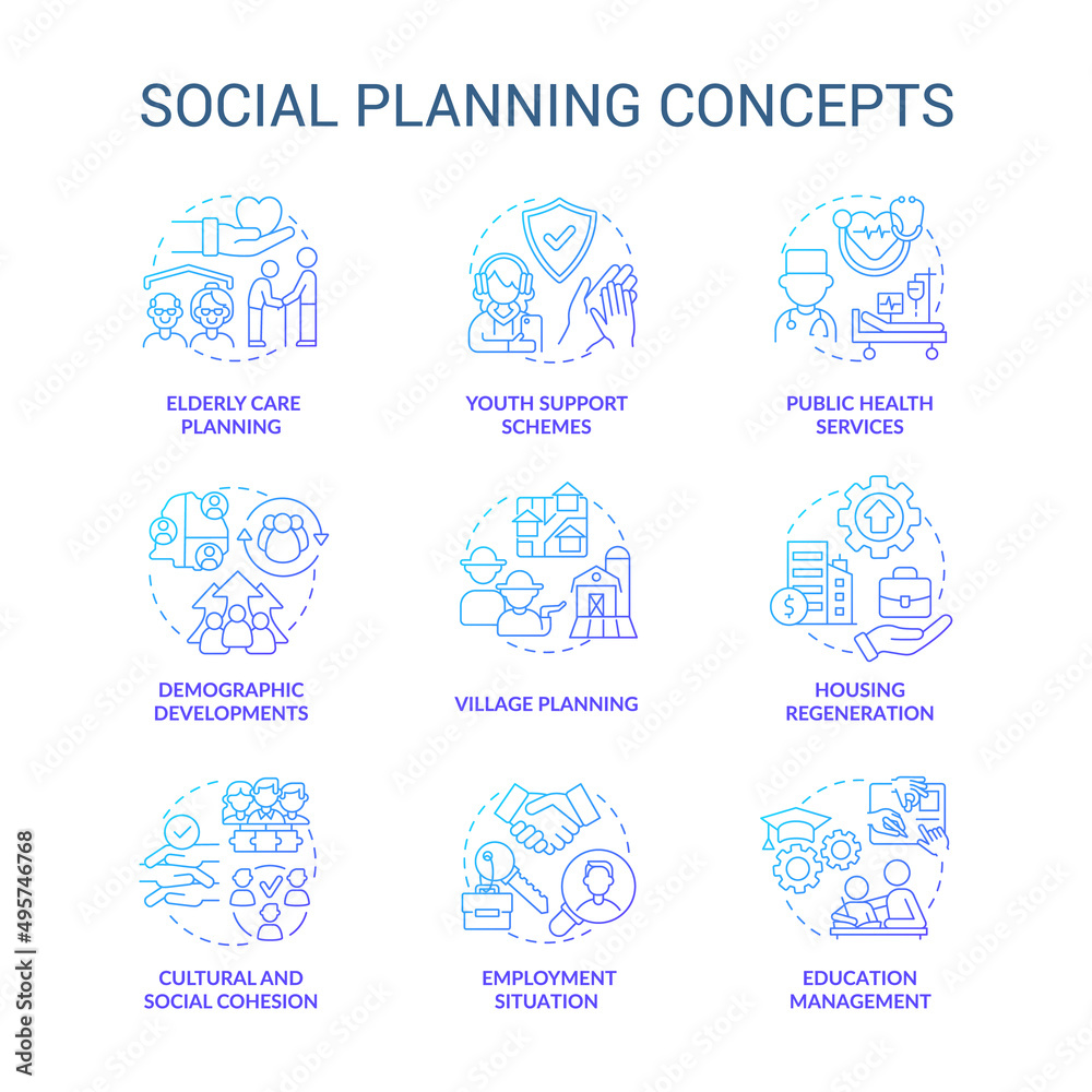 Social planning blue gradient concept icons set. Society issues and concerns. Community changes idea thin line color illustrations. Isolated symbols. Roboto-Medium, Myriad Pro-Bold fonts used