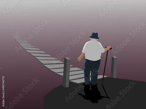 An old man was walking up a bridge towards the misty sky in the background.