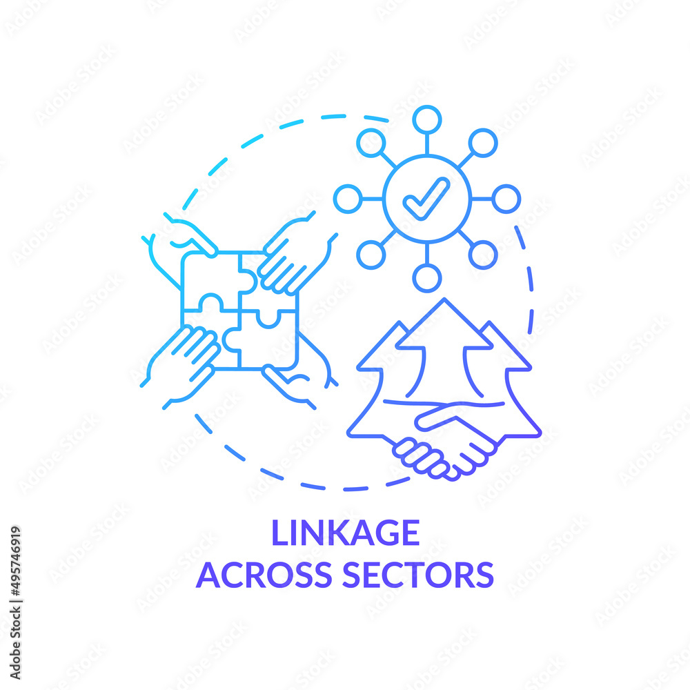 Linkage across sectors blue gradient concept icon. Social planning holistic approach. ILAP principle abstract idea thin line illustration. Isolated outline drawing. Myriad Pro-Bold fonts used