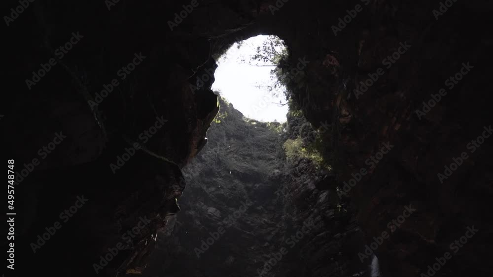Dark cave with high stone moss walls with vegetation and big hole at the top Dark cave with high stone moss walls with vegetation and big hole at the top