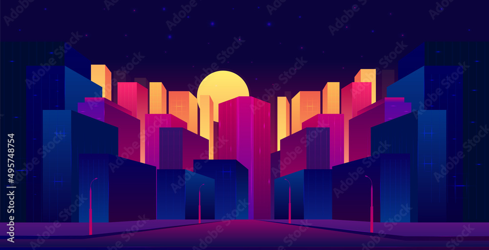  Vector poster with night city view. Urban landscape. Modern skyscrapers with moon.