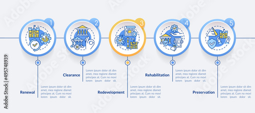 Heritage preservation types circle infographic template. Data visualization with 5 steps. Process timeline info chart. Workflow layout with line icons. Lato-Bold, Regular fonts used