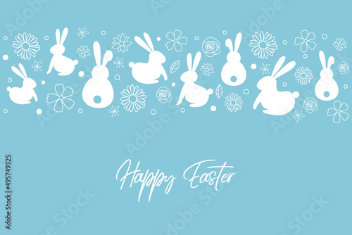 Easter greeting card with bunnies nad flowers. Vector