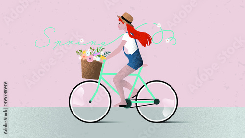 Spring illustration girl with red hair riding a bike with a basket of flowers 