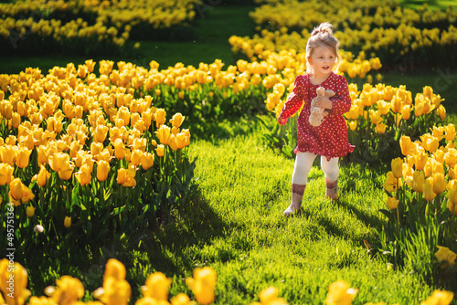 A happy three-year-old girl runs across the lawn with blooming yellow tulips