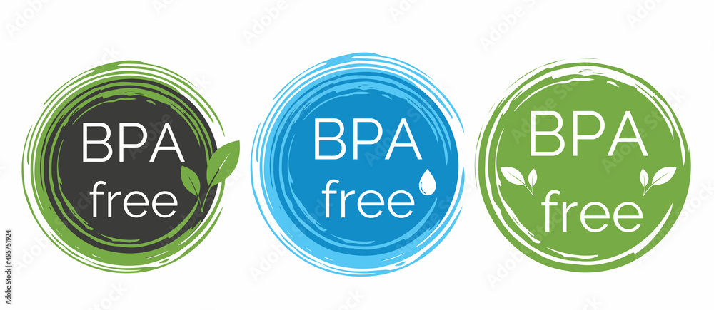Free BPA icon set. Round badge with water drop and leaves. Bisphenol A and phthalates free flat vector illustration Free BPA icon set. Round badge with water drop and leaves. Bisphenol A and phthalates free flat vector illustration