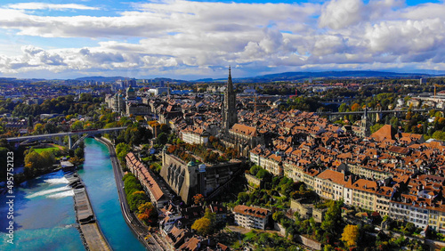 Aerial view over the city of Bern - the capital city of Switzerland - the historic district from above © 4kclips