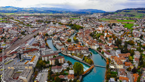 Aerial view over the city of Thun in Switzerland - amazing drone footage