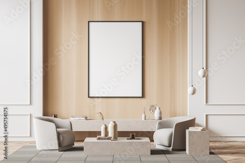 Light lounge room interior with seats and art decoration. Mockup frame