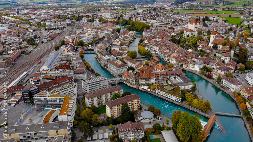 City of Thun in Switzerland from above - amazing drone footage