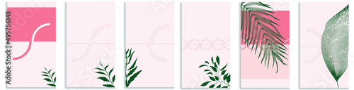 Social media covers with simple design elements . Boho style . Leaves . Post frame stories templates.  Layout for promotion .Media banner .Vector