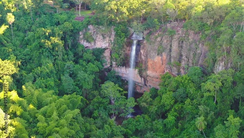 Drone footage of the Salto Suizo, Paraguay's highest waterfall, in Colonia Independencia near the town of Villarrica.  photo