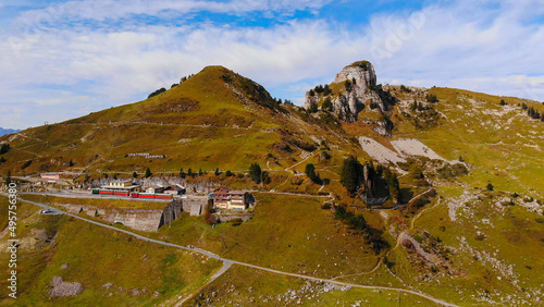 Popular tourist hotspot in the Swiss Alps called Schynige Platte mountain - aerial view photo