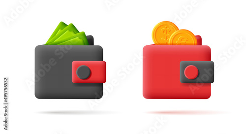 3d render icon set with wallet with coins and green money banknotes