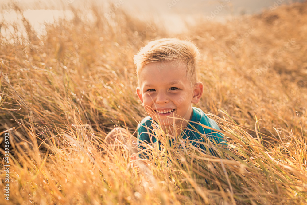 Happy smiling little boy portrait sitting in grass meadow Happy smiling little boy portrait sitting in grass meadow