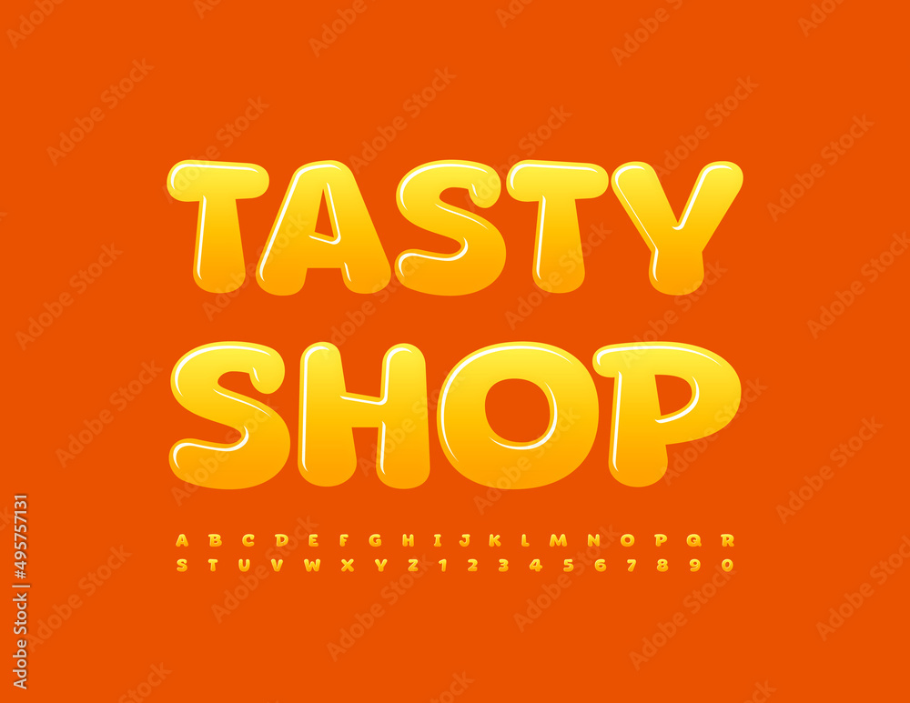 Vector Glossy Emblem Tasty Shop. Artistic Font.  Modern Yellow Alphabet Letters Numbers and Letters set. 